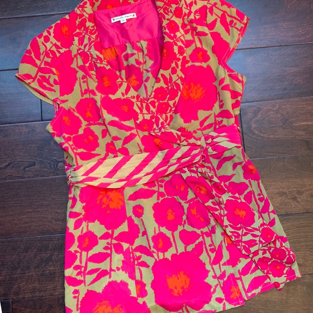 Nanette Lepore olive pink orange wrap shirt